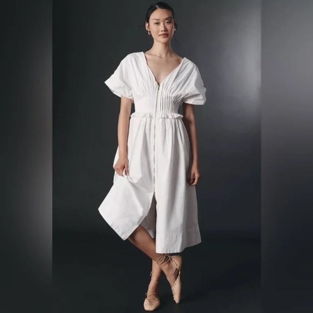 Anthropologie V-Neck Zip-Front Midi Dress White Cotton Sundress NWT 1X